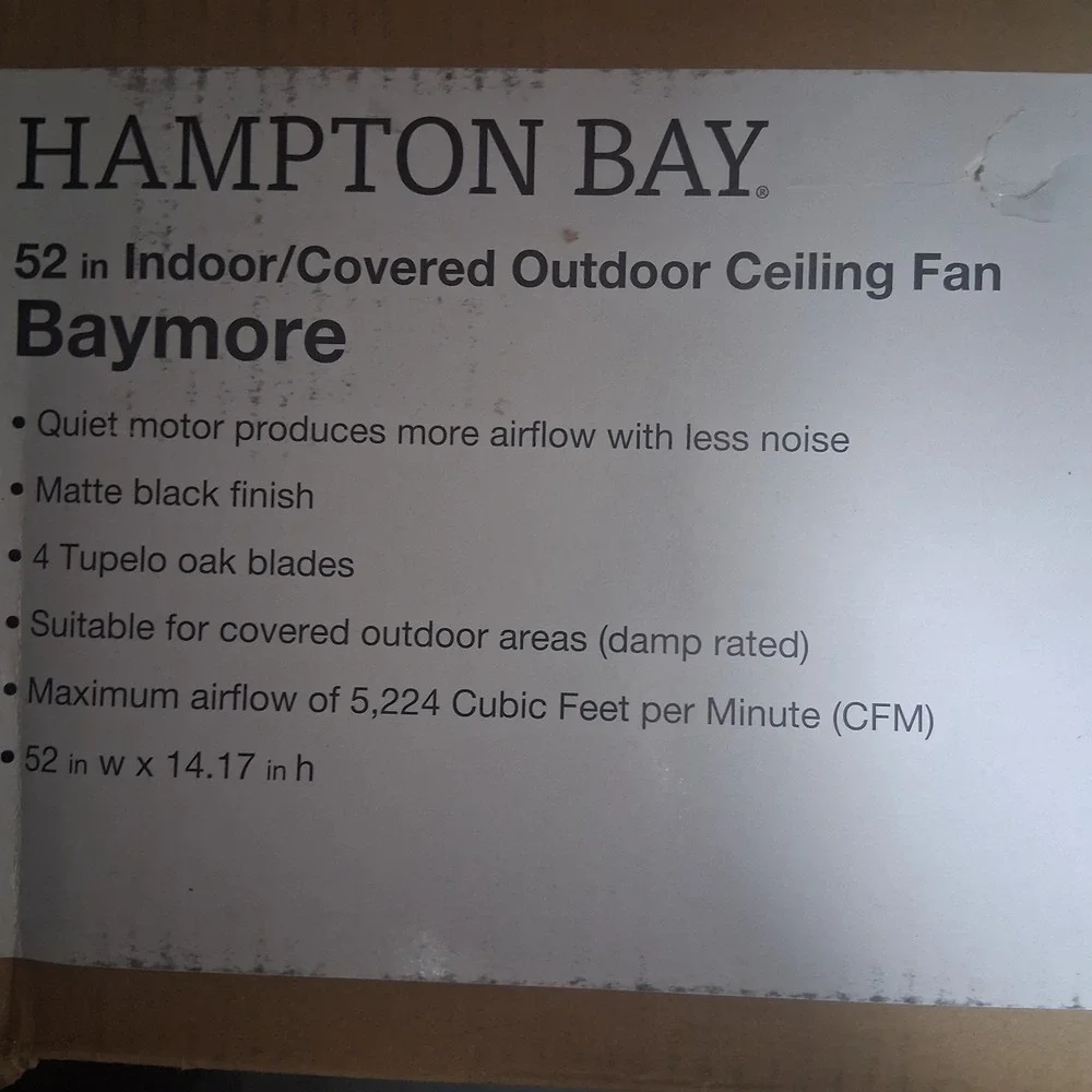 Hampton Bay Baymore Matte Black Ceiling Fan 52 In. Indoor/Outdoor with Remote